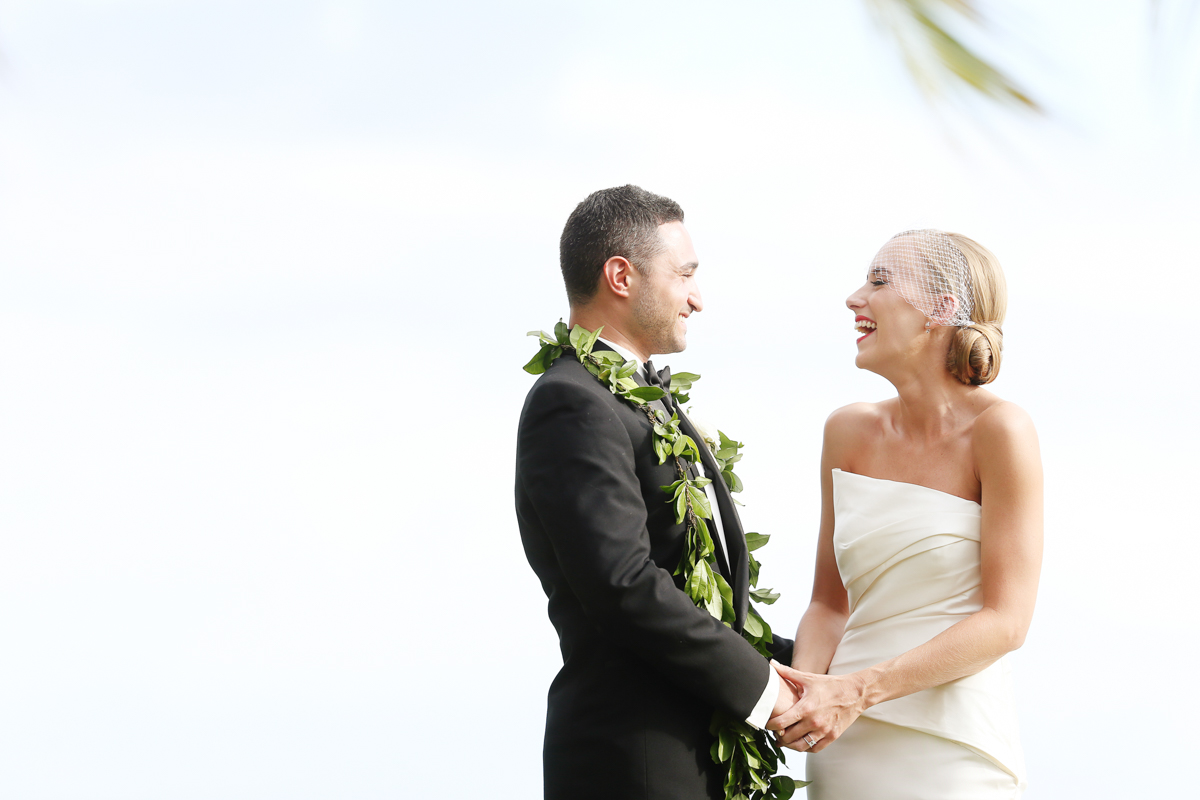 eatsleepwear, Kimberly Lapides, Kimberly Pesch, Wedding, Beach Wedding, Wedding Ceremony, Palm Trees, Alison Conklin, Maui, Hawaii, Olowalu Plantation House, Vera Wang