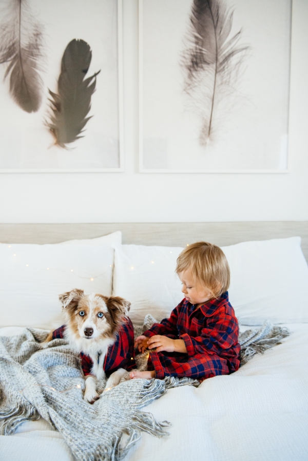 Kimberly Lapides of eatsleepwear sharing her favorite kids and toddler pajamas featuring 1212, clover baby & kids, target, gap kids, h&m kids. Showing toddler and dog in matching plaid pajamas from janie and jack.