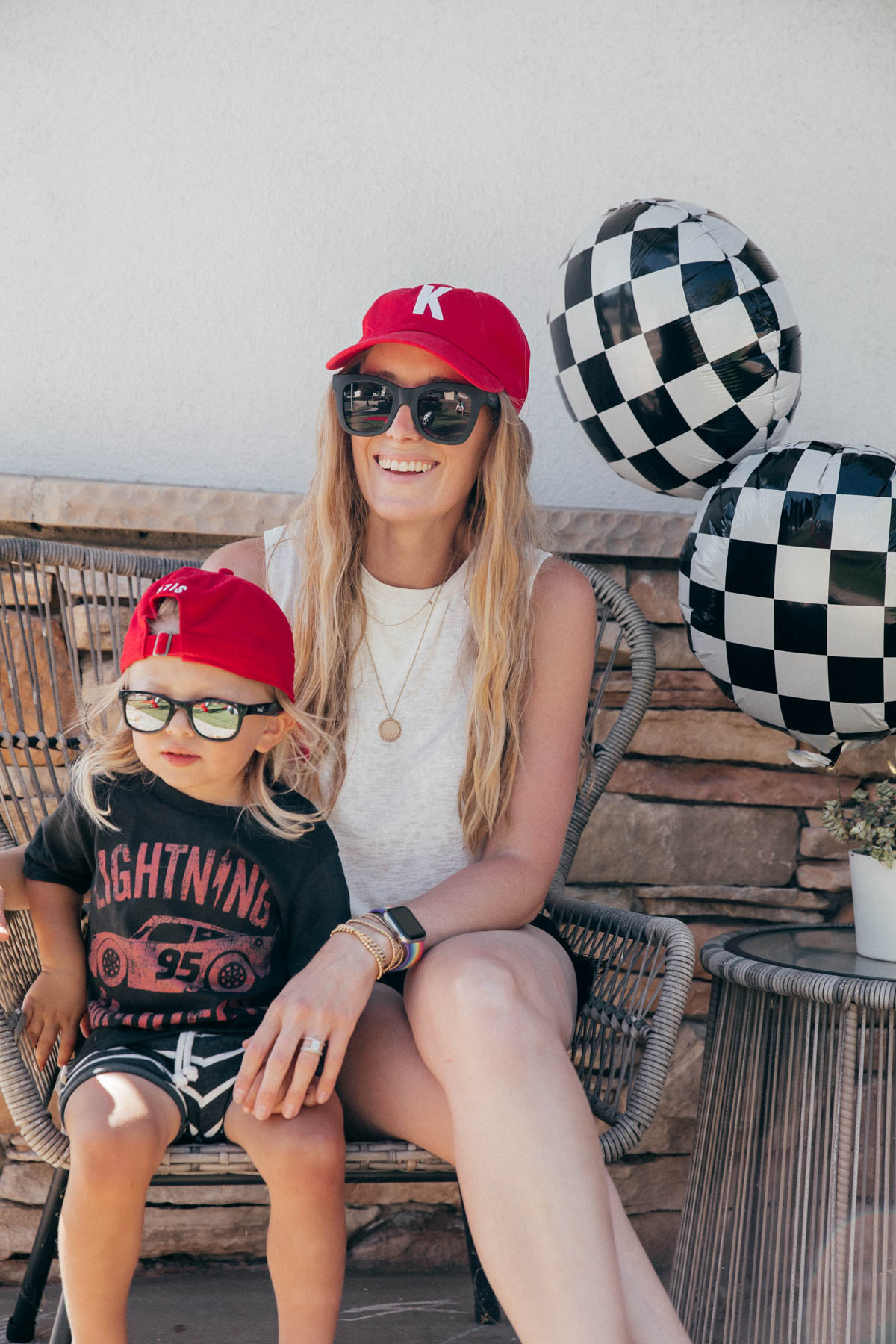 Mother and Son style with matching custom embroidered hats at Disney Pixar Cars themed birthday