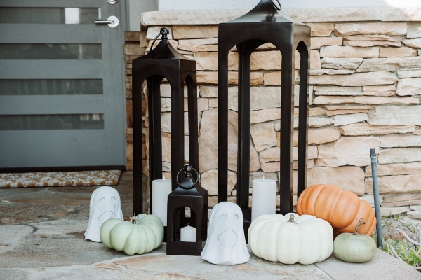 Fall & Halloween Decor For Patio & Yard with Lanterns, faux pumpkins, crow wreath and LED ghosts