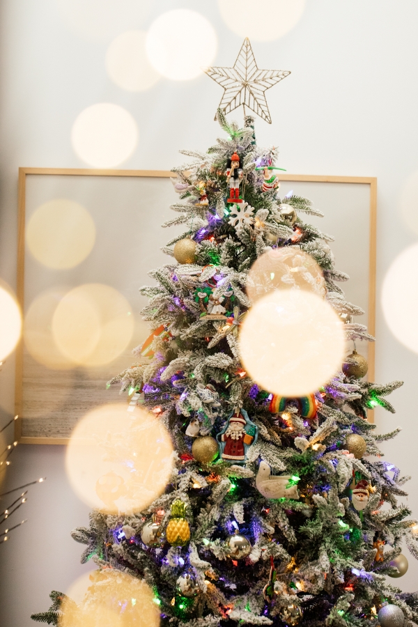 Indoor Holiday decor of lit Christmas tree
