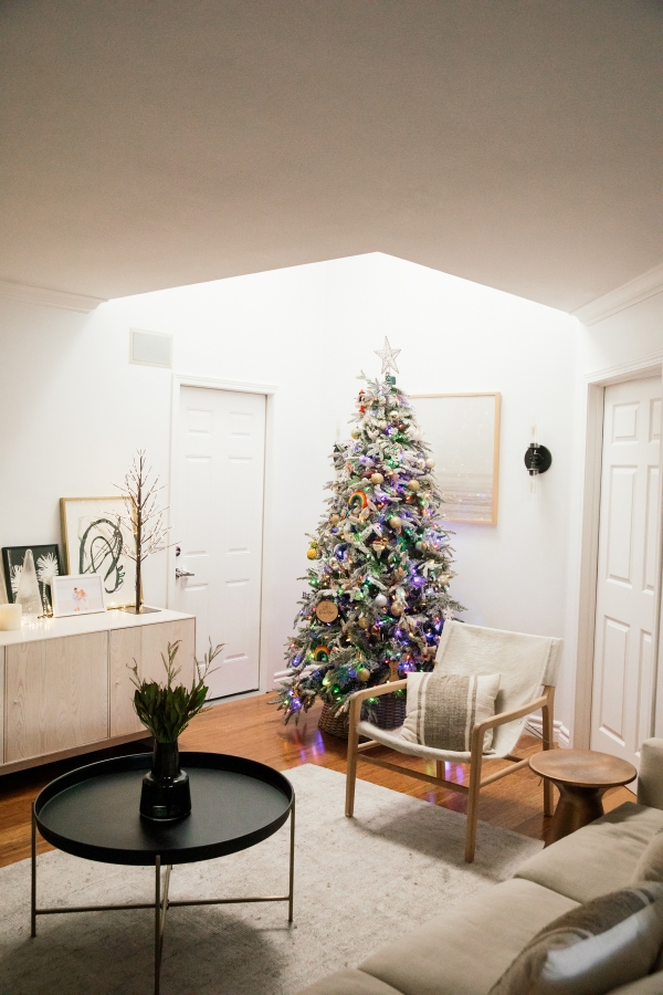 Indoor Holiday decor of lit Christmas Tree