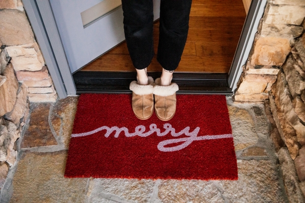 Outside Holiday Decor of merry doormat