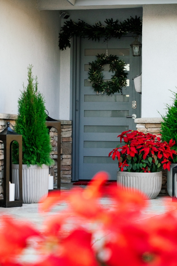 Outside Holiday Decor of wreath, garland and planted poinsettias 