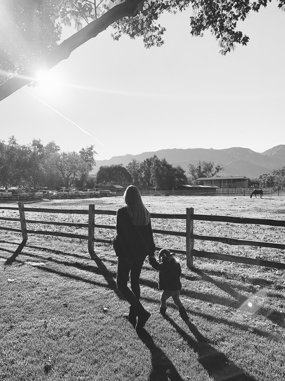 Mother and son walking by horses at Alisal Guest Ranch and Resort 