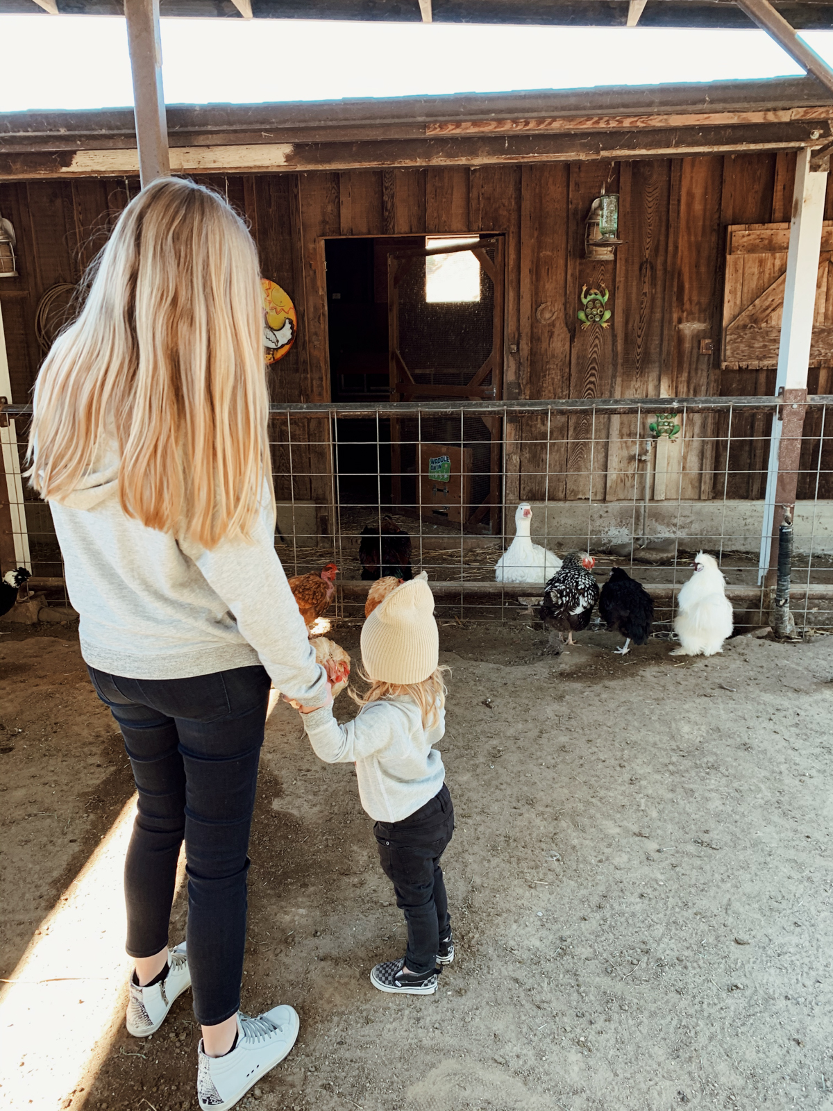 Mom and toddler in kid friendly barnyard at Alisal Guest Ranch and Resort 